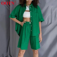 ootn office lady high waist shorts and shirt female top green two piece set women summer suit with shorts outfit vintage cotton