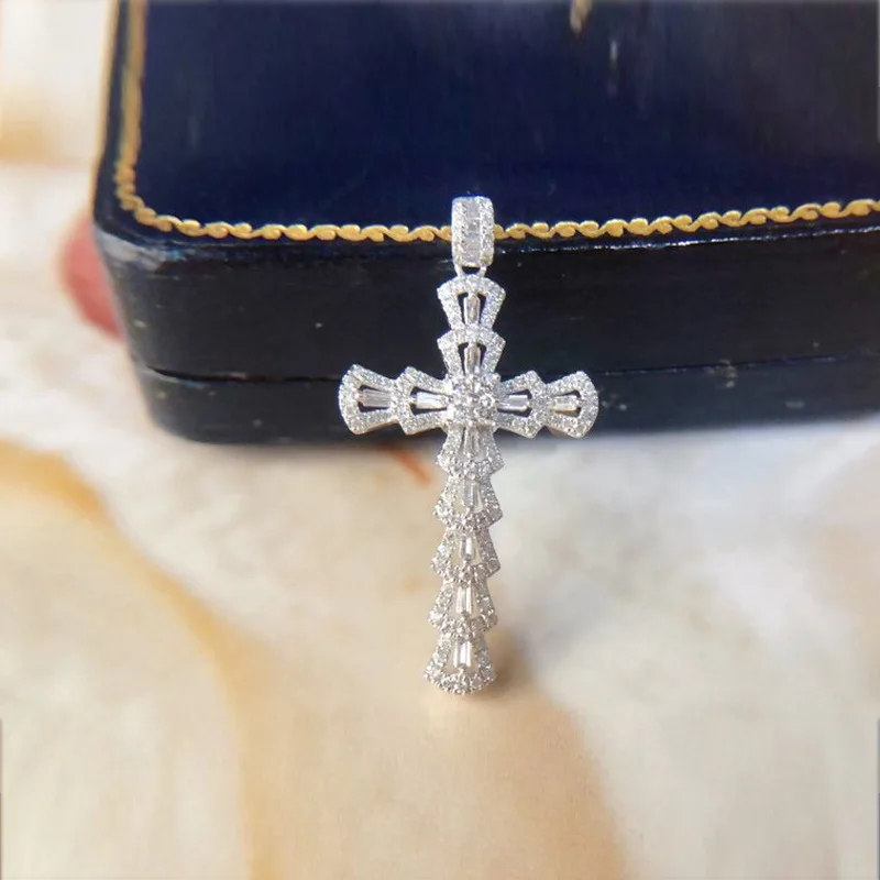

100% Real 925 Sterling Silver Necklace Cross Natural diamond Pendant Gemstone Hip-hop Silver 925 Jewelry VVS1 Diamond Necklaces