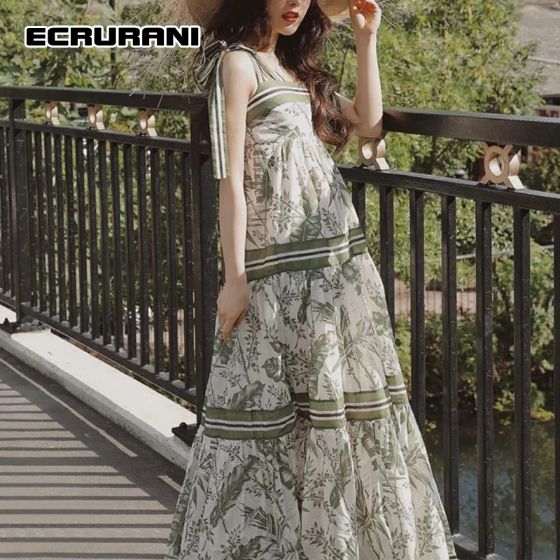 

ECRURANI Print Elegant Dress For Women Square Collar Sleeveless Bowknot Lace Up Hit Color Mid Dresses Female 2021 Summer Clothes
