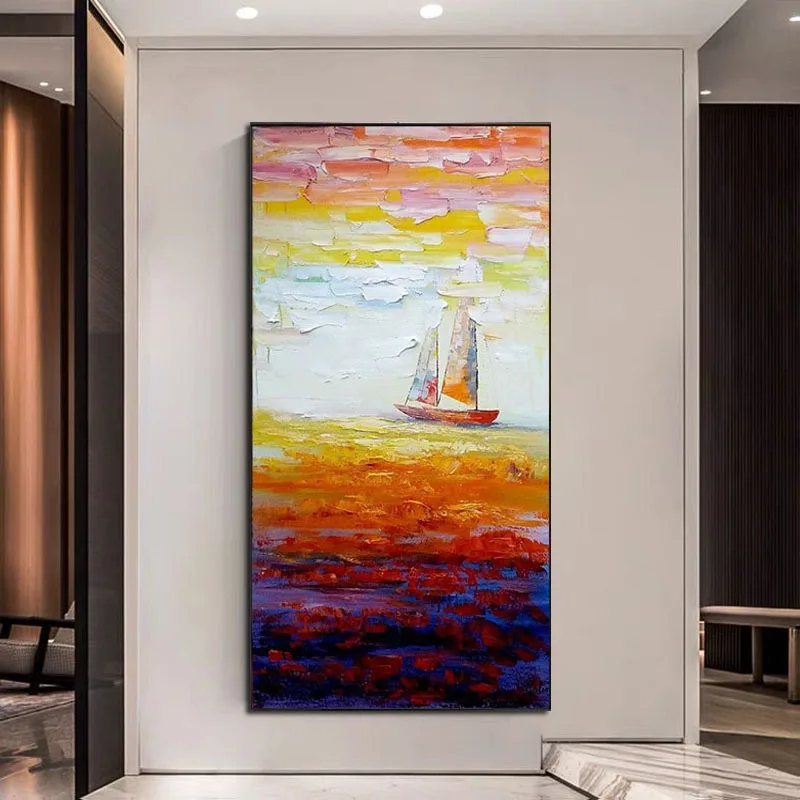 

Hand Painted Oil Painting Sailboat Modern Abstract Landscape Decorative Painting Thick Oil Knife Painting On Canvas Handmade