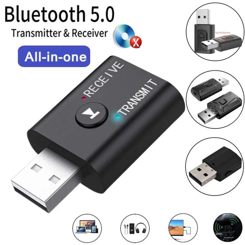 

Plug and Play USB Bluetooth 5.0 Transmitter and Receiver 3.5mm Jack Wireless Adapter For TV PC Car AUX Speaker
