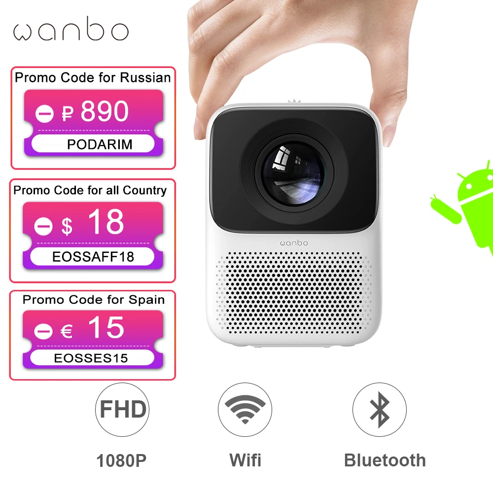Мини проектор Wanbo T2 Max Full HD 1080P Smart поддержка ТВ 4k Android Wi Fi Bluetooth светодиодный