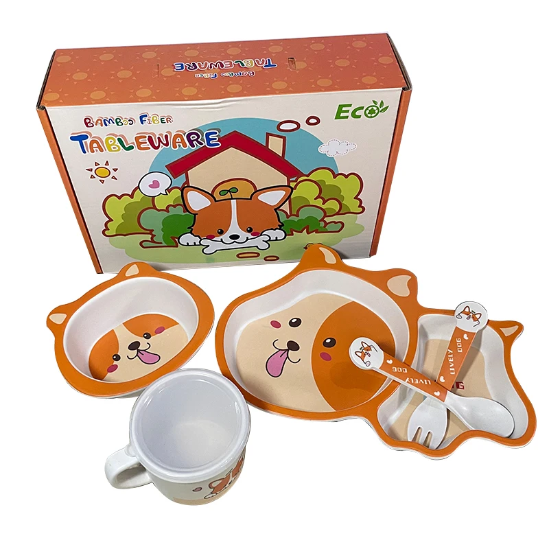 Five-Piece Suit Puppy Pattern Tableware Bamboo Plates For Food Baby Feeding Dishes Children Flat | Мать и ребенок