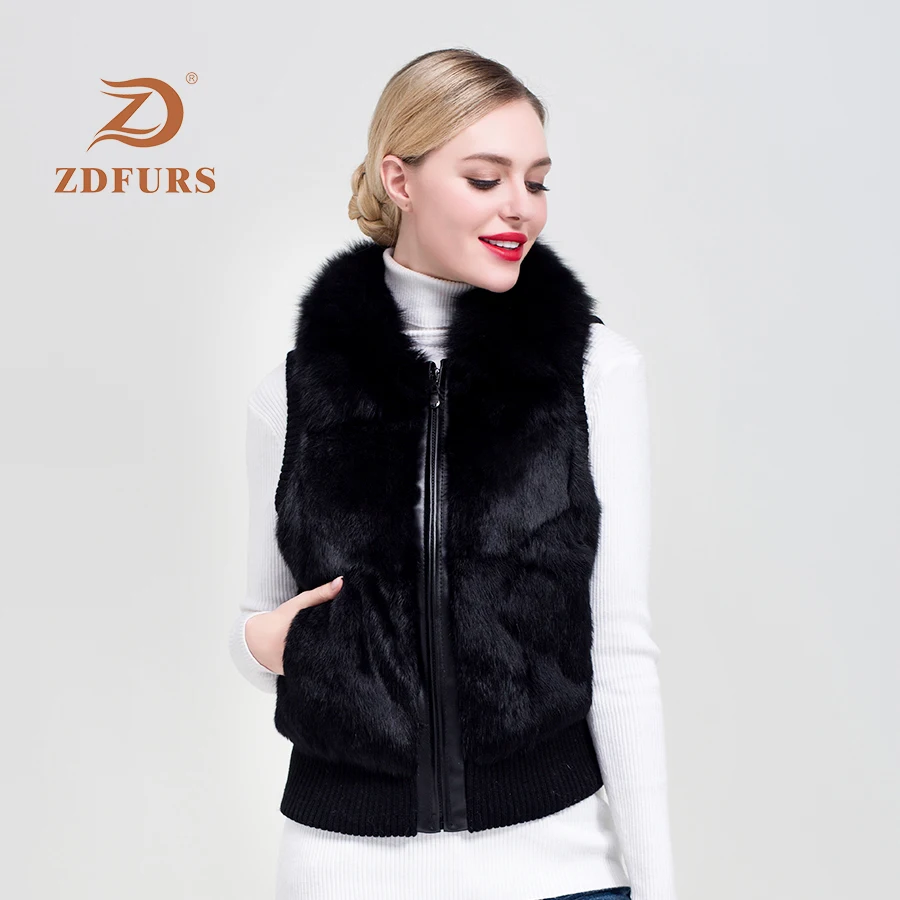 ZDFURS*2019 Hot New Fashion Real Rex Rabbit Fur Coat Winter Coat Ladies Waist Coat Fur Vest Ladies Go Out Warm Casual Vest