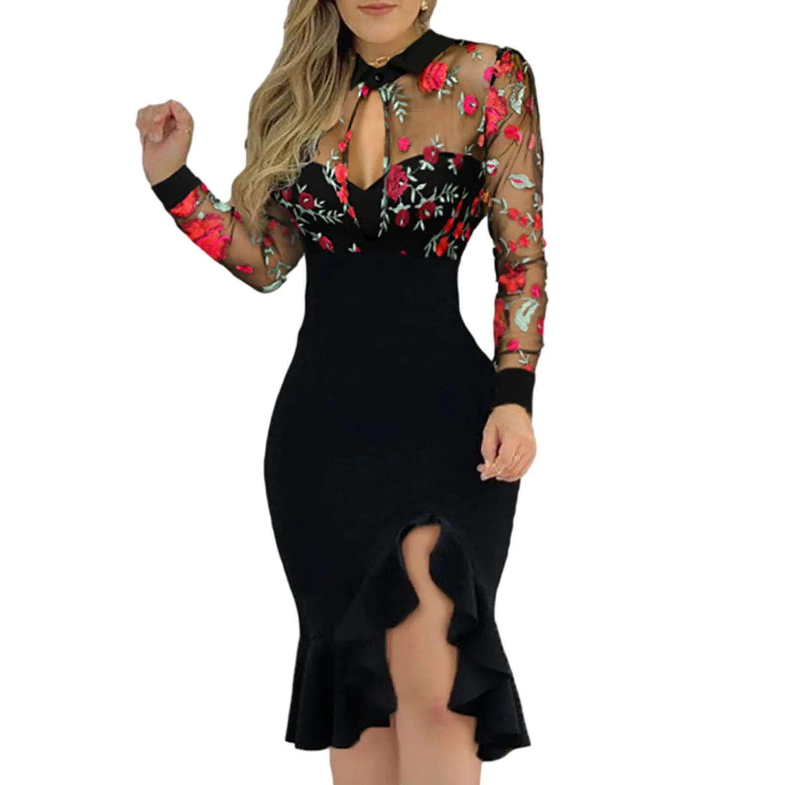 

Women Slit Ruffles Hem Floral Pattern Slimming Lace Mesh Hollow Out Sexy V-Neck Printed Long Sleeve Dress Elegent Daily Wear