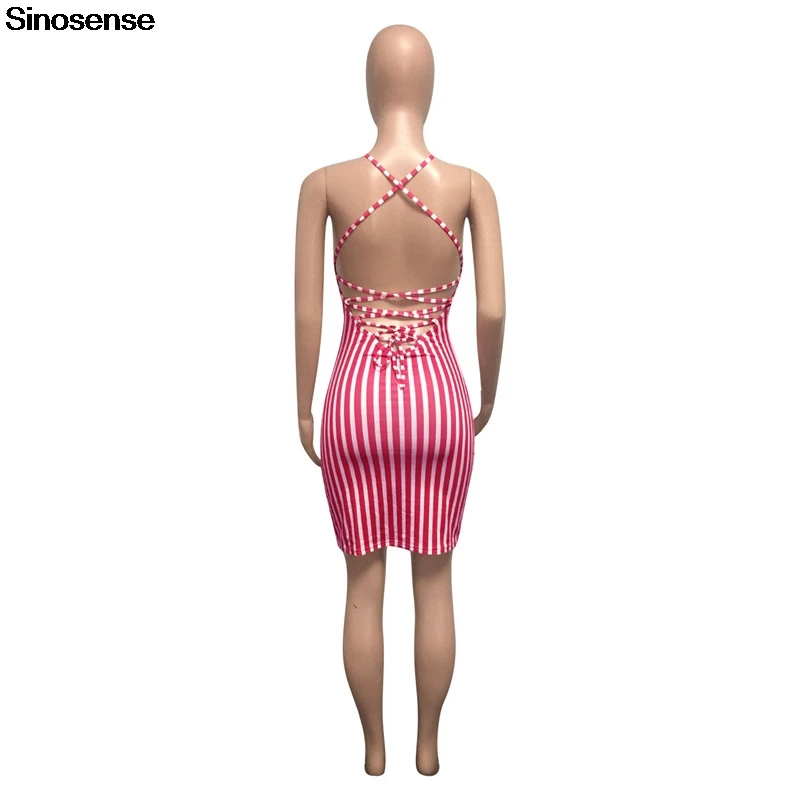 

Women's Sexy Bodycon Backless Striped Dress 2020 Sleeveless Elegant Club Party Dress Lace Up Stretch Slim Soft Summer Dress