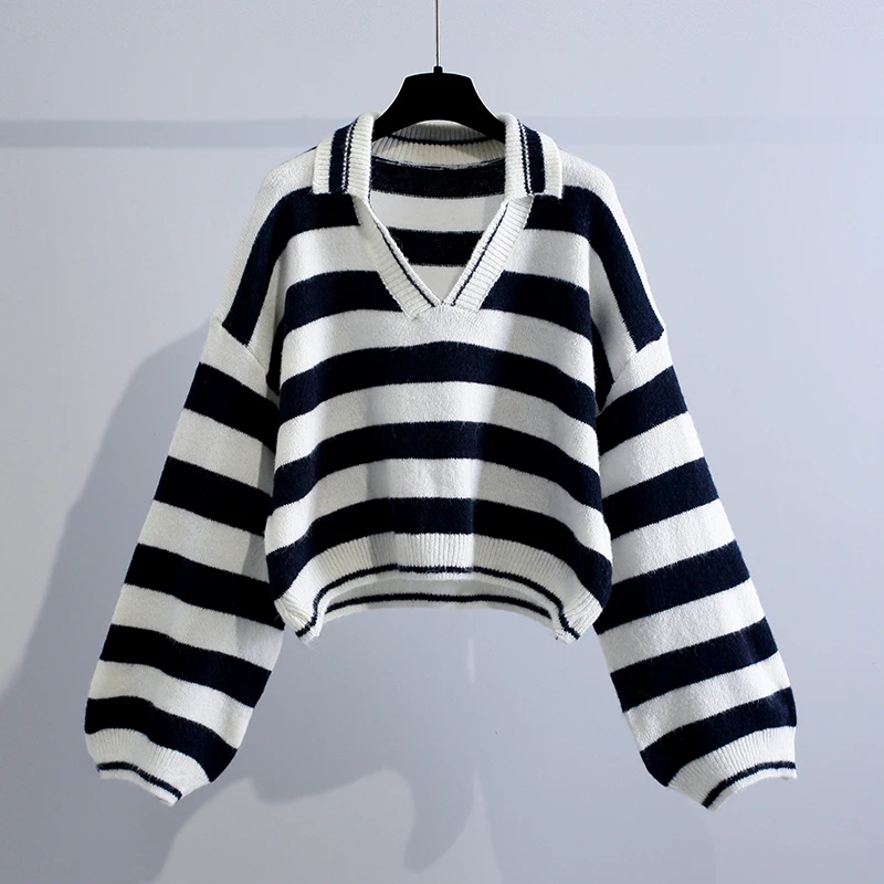 

Женский трикотажный свитер в стиле преппи, пуловеры, Осень-зима, новинка 2021, свободные короткие женские пуловеры в полоску с отложным воротн...