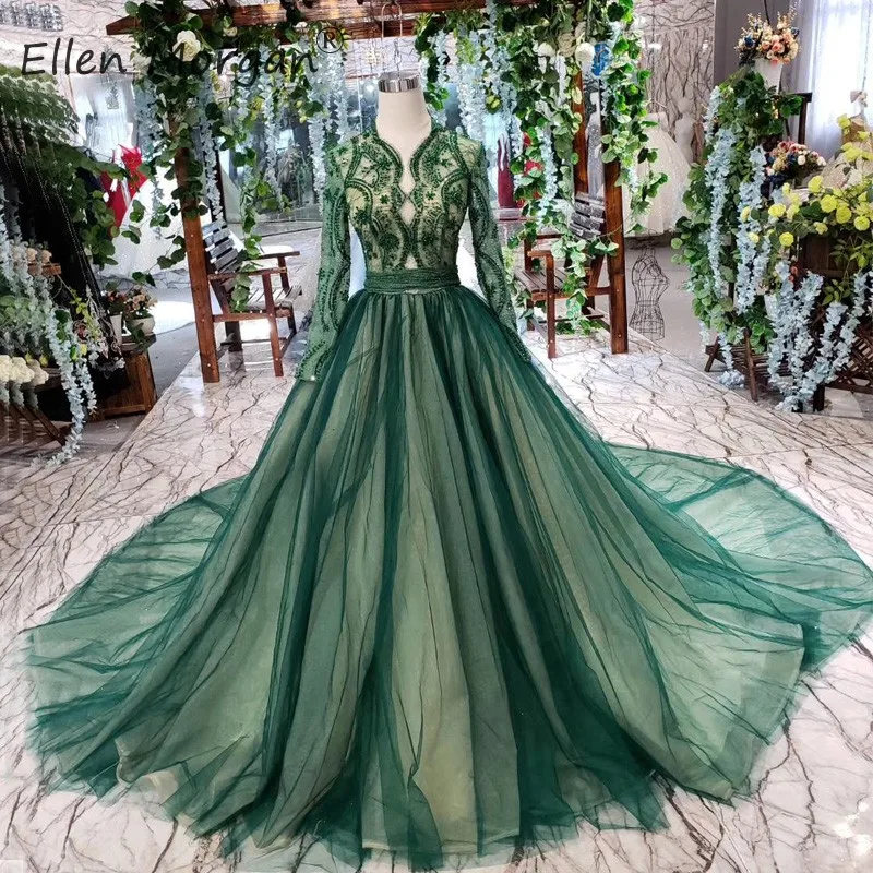 Темно зеленое кружевное вечернее платье свадебное 2019 Тюлевое со складками с