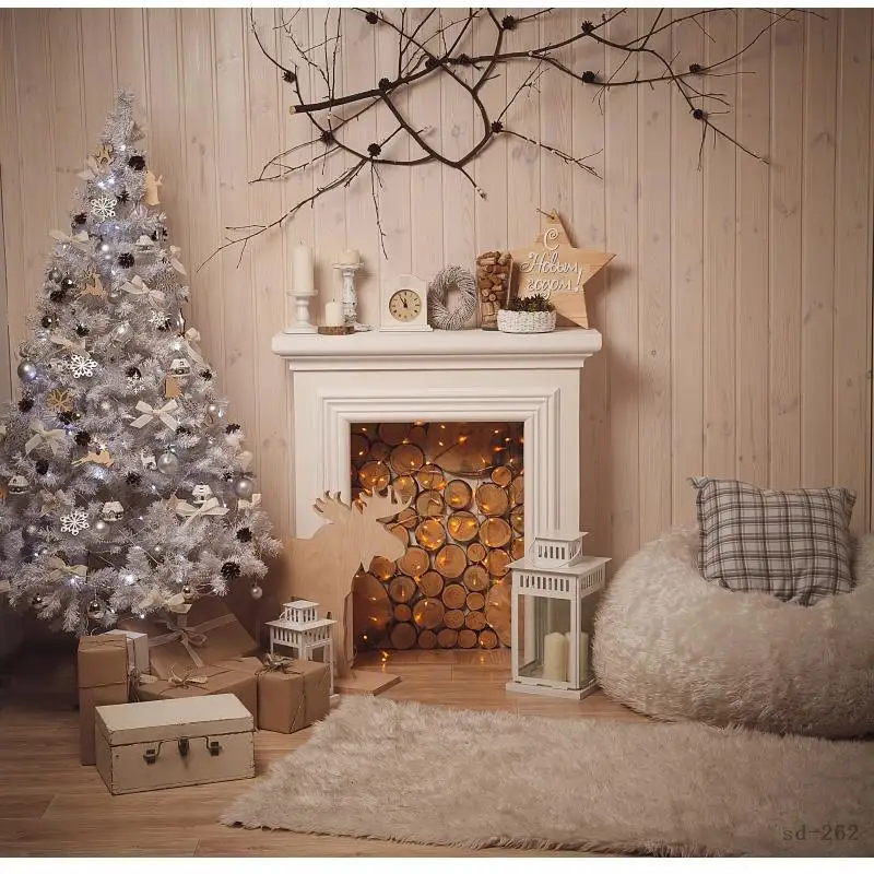 

Фон для студийной фотосъемки с изображением белого камина и деревянного пола