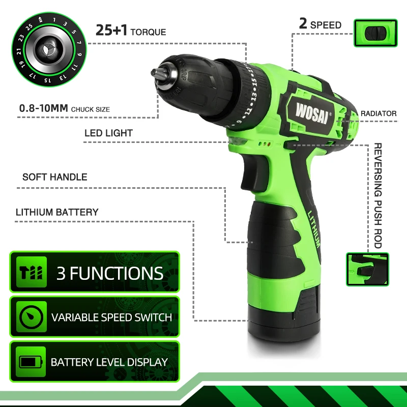 Аккумуляторная дрель WOSAI Loner беспроводная мини-дрель с литий-ионным