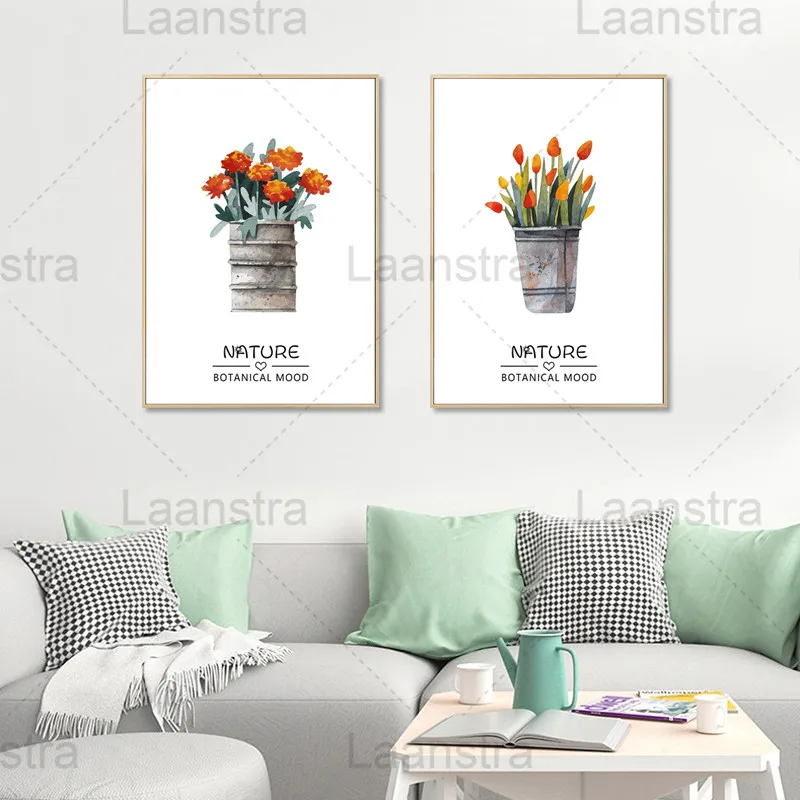 

Natural Flowers Home Decoration Painting Tin Flower Pots Living Room Wall Canvas Poster Retro Bedroom Plant Botanical Prints