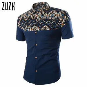 Мужская летняя рубашка из смешанного хлопка ZUZK, летняя модная мужская рубашка с принтом и коротким рукавом