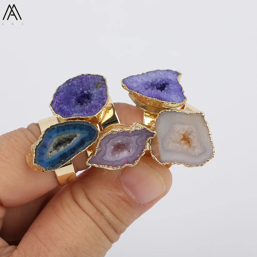 Случайная нерегулярные Druzy Агаты кольцо для женщин ювелирные изделия, роскошные женские с отверстием Золото Drusy Агаты Камень Регулируемое Кольцо YT-155AMAJ