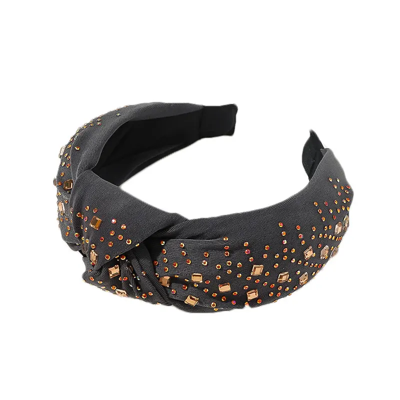 Широкая повязка на голову с кристаллами Стразы холщовая перекрестным узлом