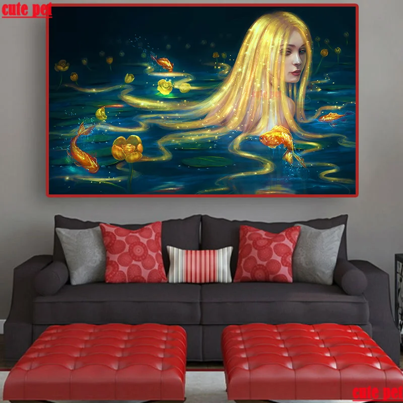 

cute pet 5d Diamond Painting Blonde mermaid rhinestone painting Mosaic pattern square round diamond cross stitch home decoration