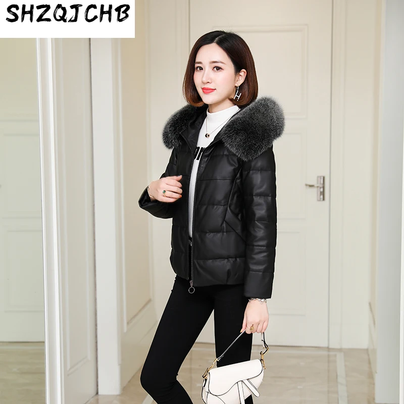 

SHZQ новая овечья кожа женское короткое пальто с капюшоном кожаное пальто женская кожаная пуховая куртка для зимы