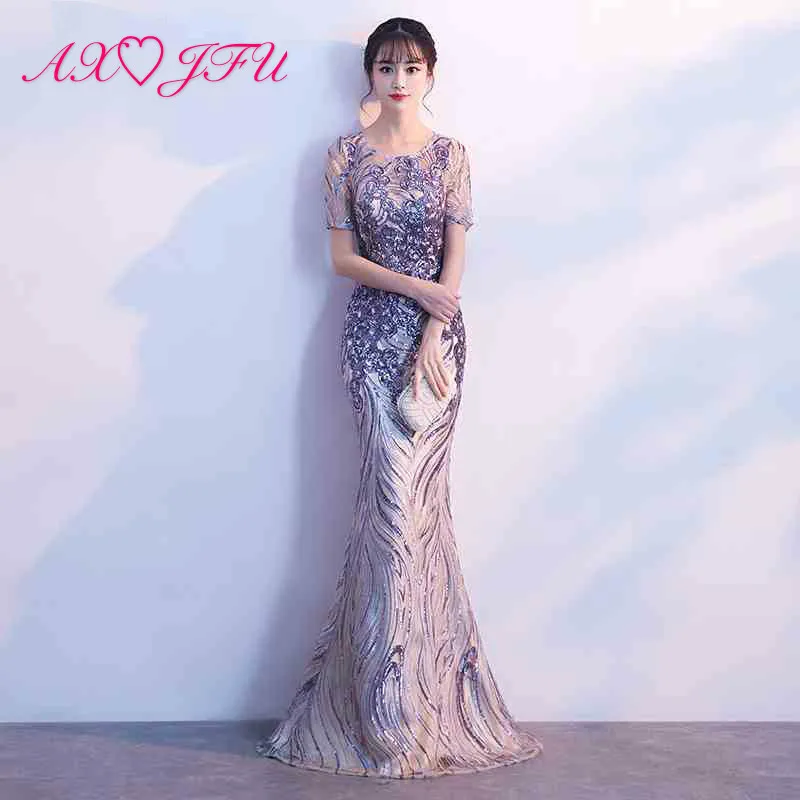 

AXJFU luxury princess golden lac sparkly bride mermaid evening dress vintage o neck beading crystal grey lace evening dress