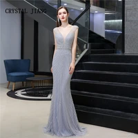 new arrival 2020 sexy v neck heavy beaded sleeveless evening party gown trumpet open back sweep train evening dresses long
