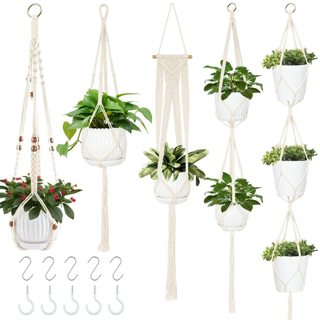 5 Pack Macrame Plant Hangers with 10 Hooks, Different Tiers, Wall Hanging Planter Basket Flower Pots Holder for Indoor Outdoor H