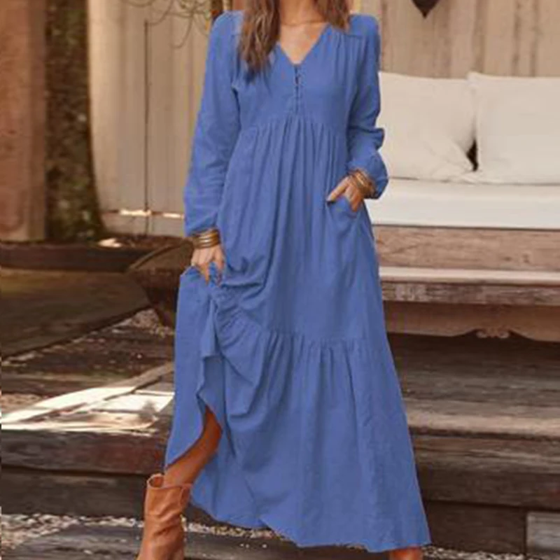 

Casual Women V-neck Long Dress Spring Autumn Loose Ankle-length Dresses Ladies Solid Big Swing Dresses Vestidos