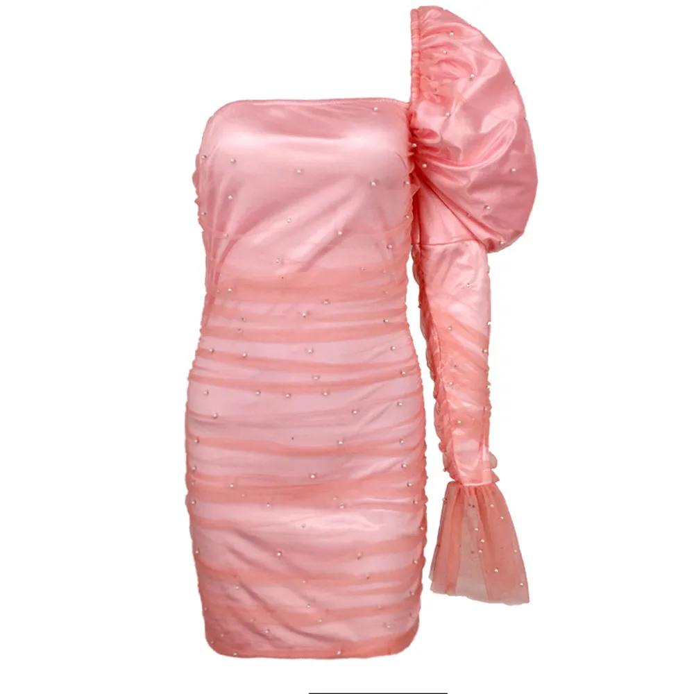 Pink One Shoulder Cocktail Party Dress Sexy Beads Ladies Short Fashion Pearl Mesh Bubble Sleeve Summer Women Robes | Свадьбы и