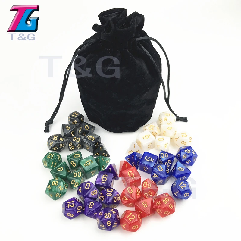T& G Высокое качество перламутровый эффект D& D игральные кости наборы 7 шт.* 6 наборов с D4 D6 D8 D10 D10% D12 D20 с бархатной кости сумка для ролевых игр - Цвет: Черный