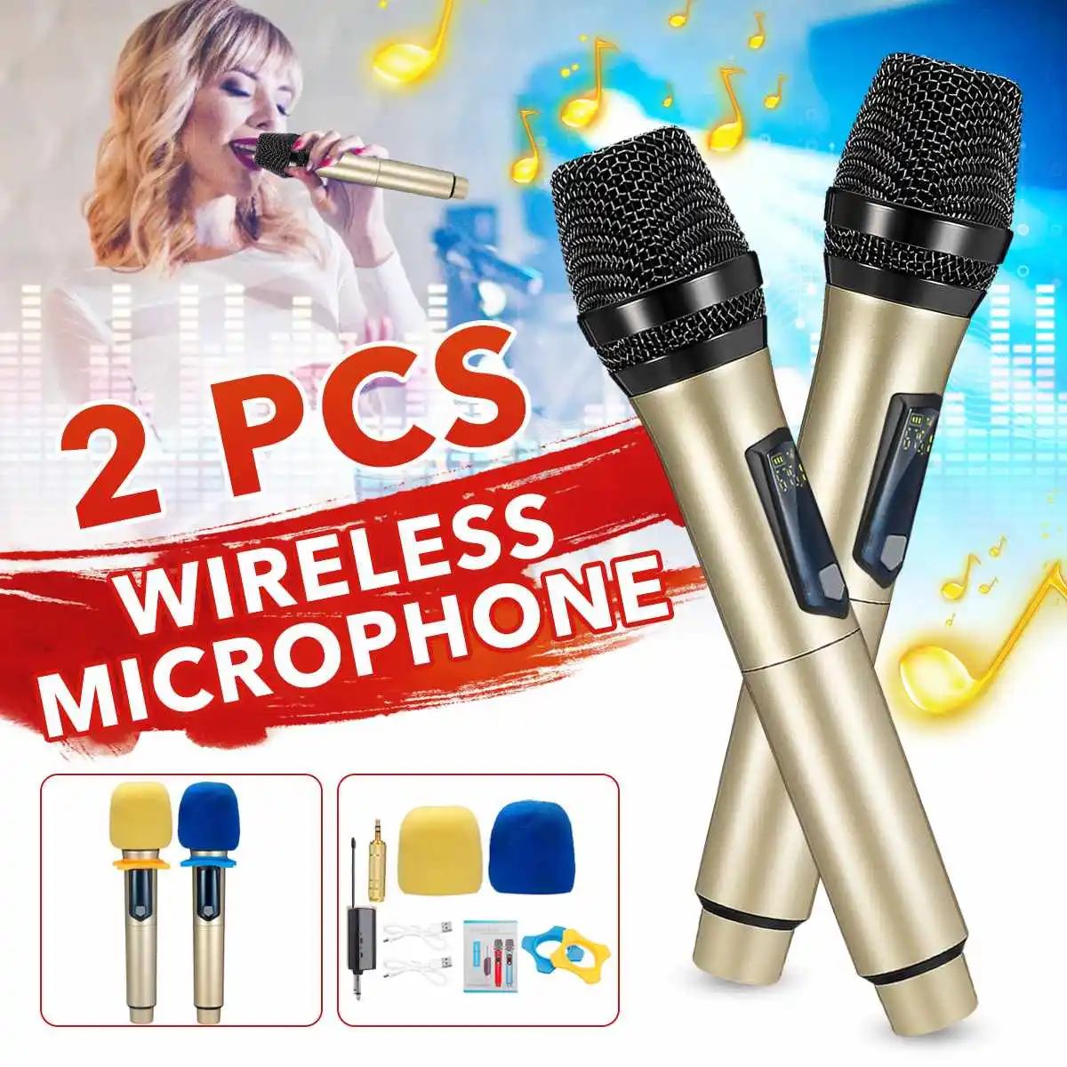 

2000mAh Dual Cordless UHF Wireless Microphone Recording Karaoke Handheld Rechargeable Lithium Battery Receiver For Church Speech