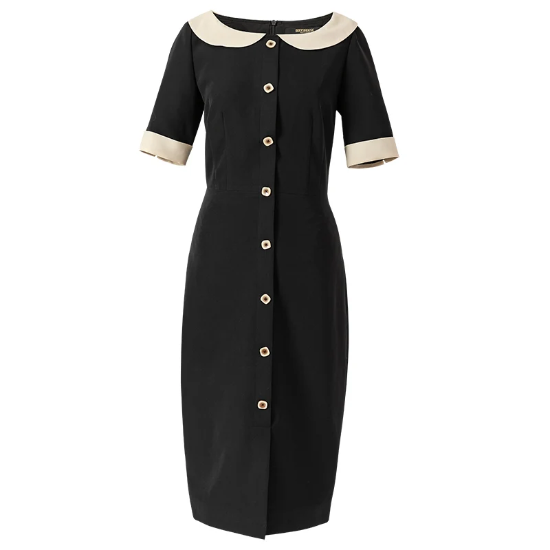 

Vintage Dress Women Summer Short Sleeve Sailor Style Collar Midi Knee Length Slim Dresses Female Office Ladies Elegant Work Wear