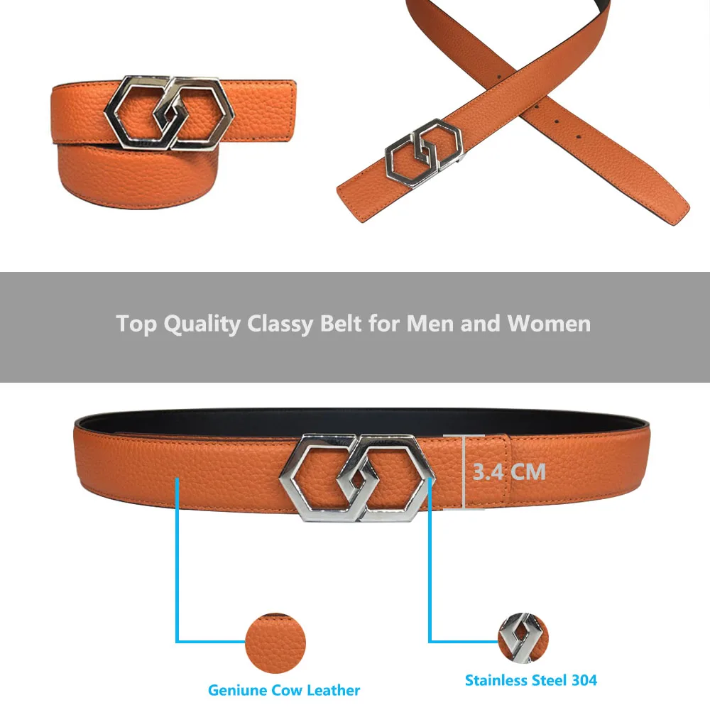 Роскошный ремень из натуральной кожи с шестигранной пряжкой дизайнерский