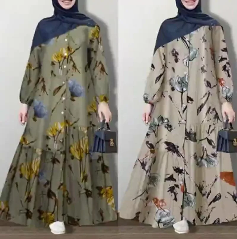 

Muslim Women Vintage Floral Printed Dresses Abaya Turkey Hijab Dress Spring Long Sleeve Kaftan A Line Loose Vestido Sundress