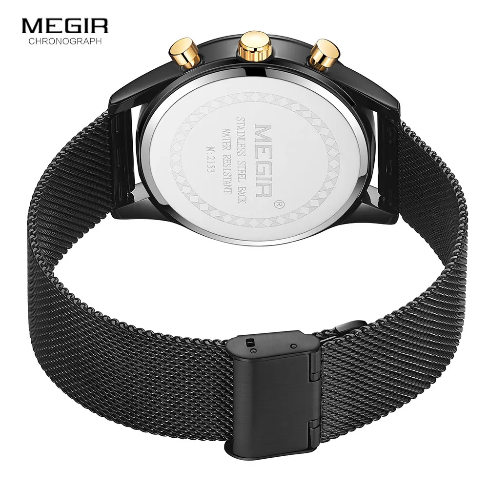 

MEGIR 2020 Luxury Mesh Strap Chronograph Quartz Watches Men Stainless Steel Sport Wristwatch Fashion Waterproof Watch Black Gold