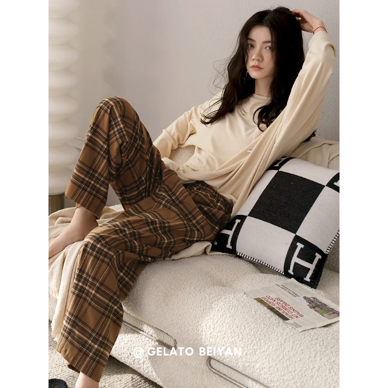 Spring and Autumn New Long-Sleeved Couple Pajamas Women's Pure Color Soft Cotton Home Wear Large Size Men's Fashion Suit