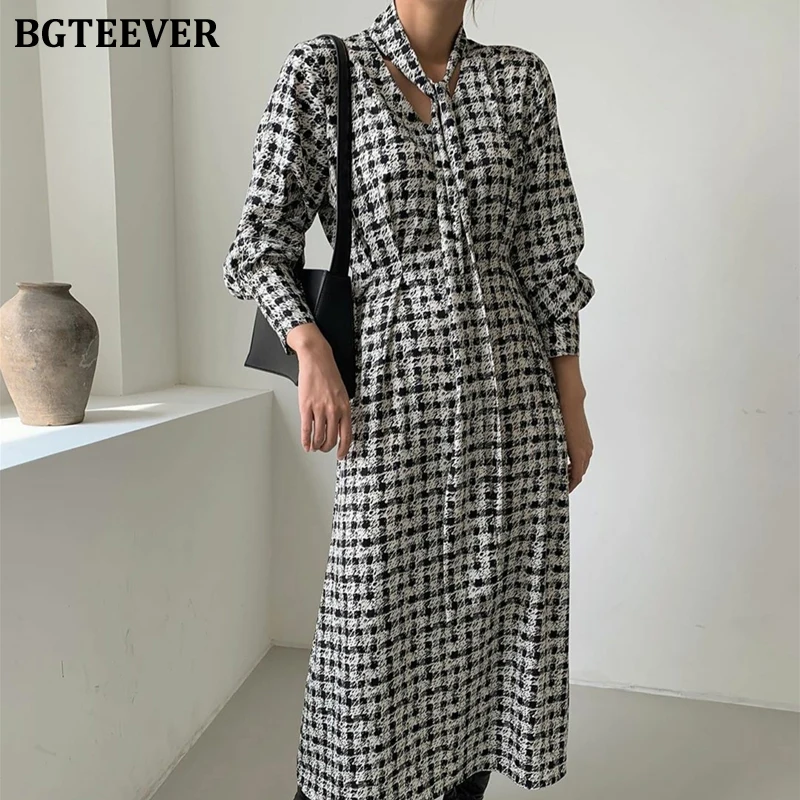 

Платье BGTEEVER женское клетчатое с V-образным вырезом и длинным рукавом, длинное приталенное ТРАПЕЦИЕВИДНОЕ, в винтажном стиле, Осень-зима 2020