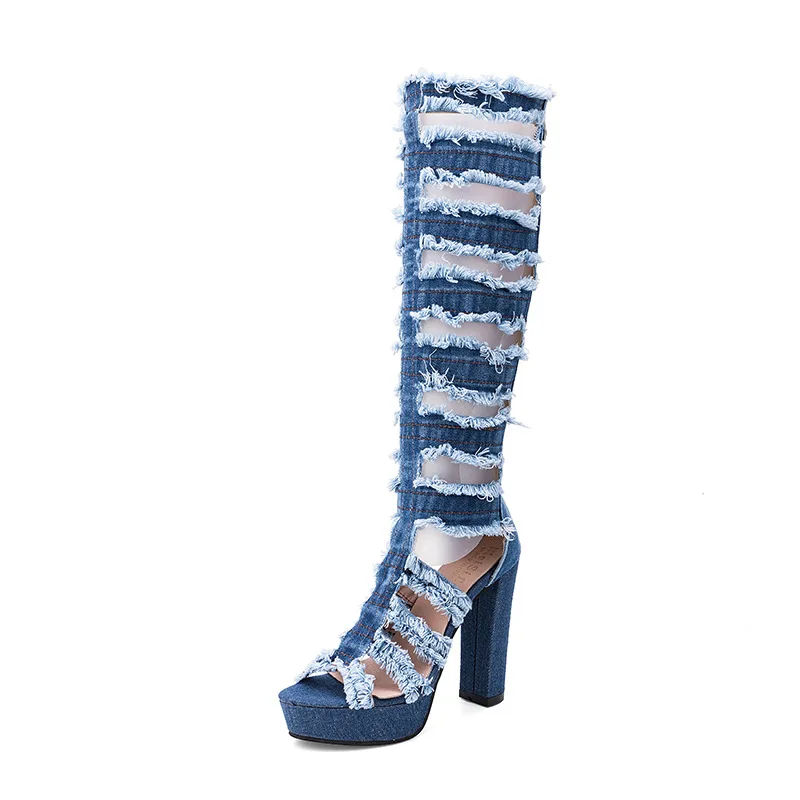 

Denim hollow out high heel sandals 2021 summer new fish mouth women's shoes large waterproof platform thick heel sandals women's