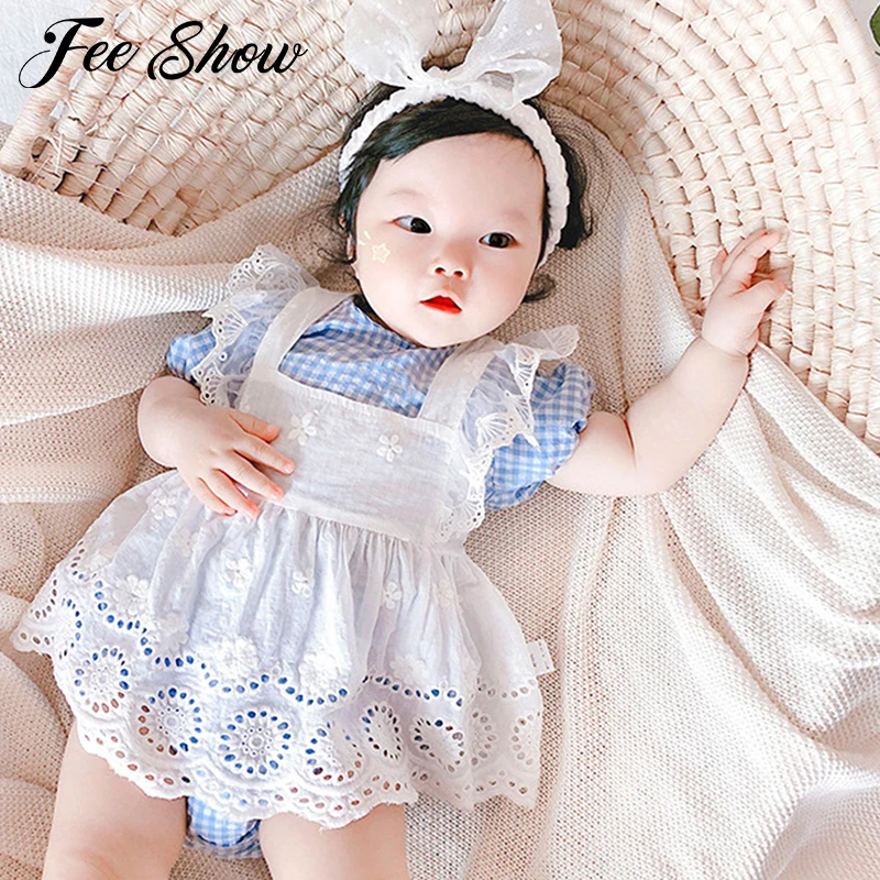 

Newborns Baby Girls Clothes Sets Baby Plaid Bodysuits Romper Jumpsuit Tops and Lace Suspender Skirt Outfit 2pcs Children Set