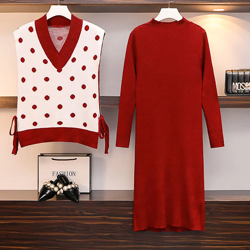 Женская одежда новинка 2019 красный жилет и платье комплект из двух предметов