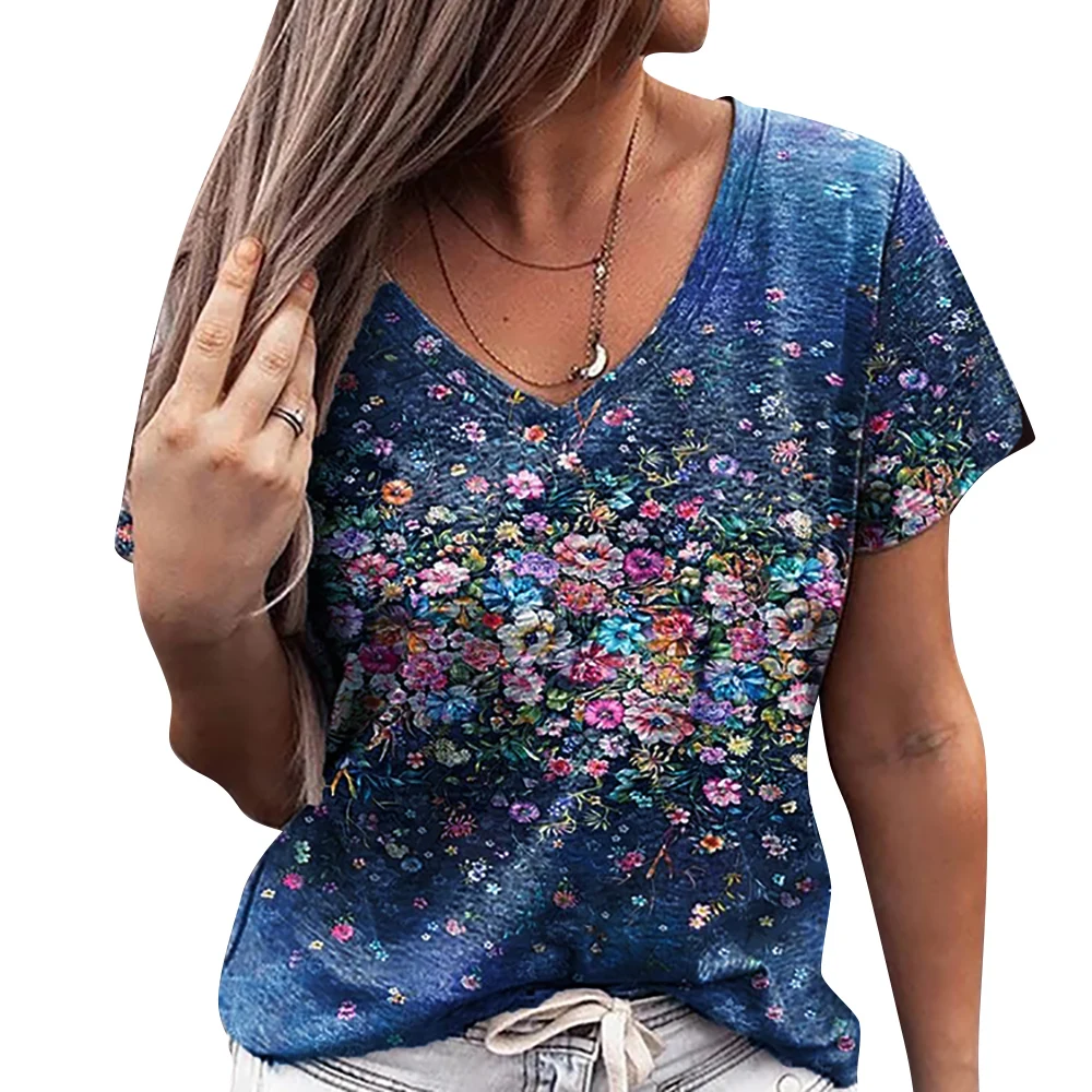 

Summer Women V-neck Slim Short Sleeve Tops Temperament Commuter Floral Print Pullover All-match Lady T Shirt Street Tops