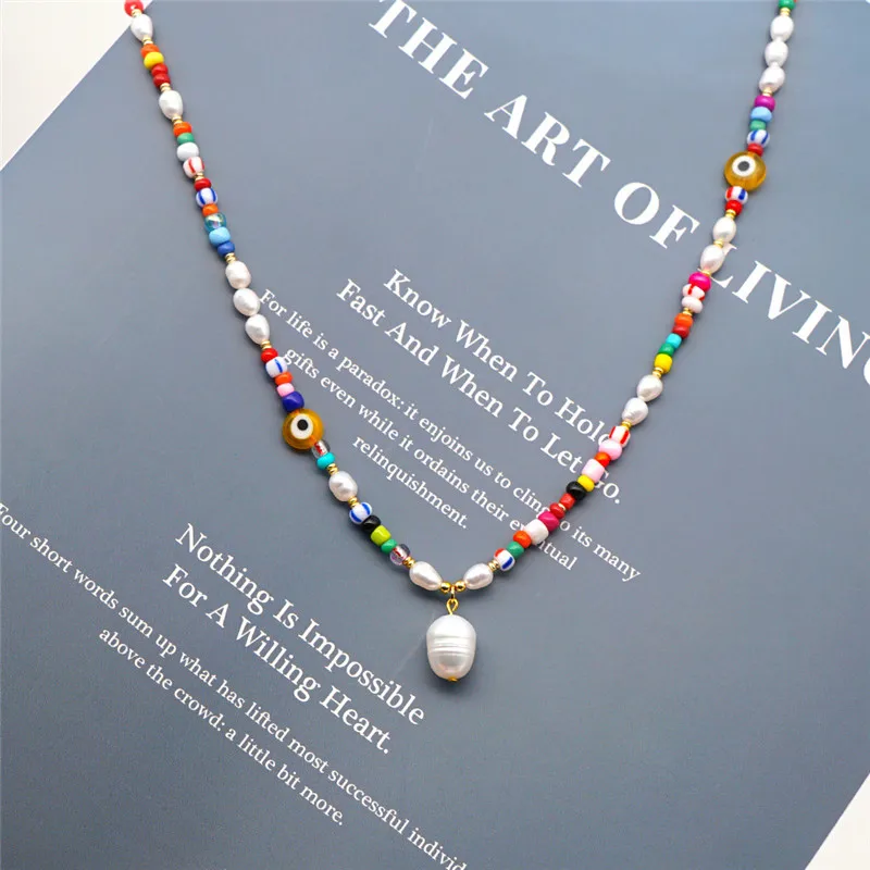 

MC INS Fashion Glass Ball Pearl Necklace For Women 925 Silver Long Chain 42cm Summer Rainbow Necklace Collares Around The Neck