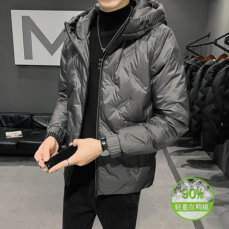 Fashion Mens Winter Solid Color White Duck Down Jacket Casual Thick Warm Hooded Down Coat Outerwear Top Parkas Oversized Clothes