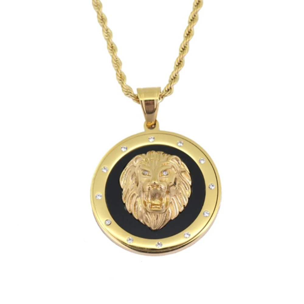 

Hip Hop Round Lion Pendant Necklace For Men Women Goth Lion Animals Jewelry With Long Link Cain Jewelry Free Shipping