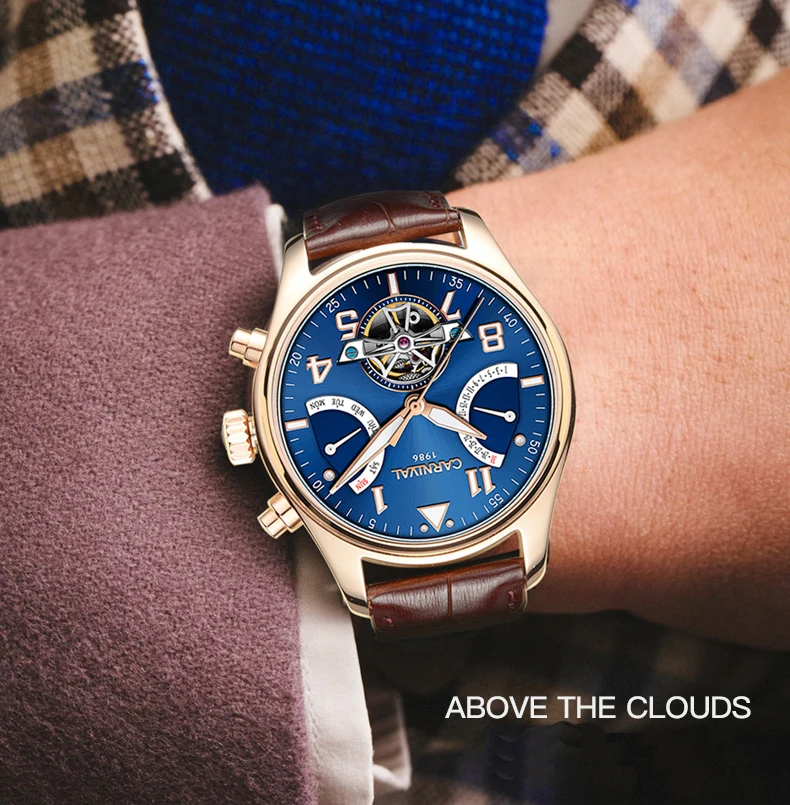Tourbillon, мужские часы, розовое золото, чехол, синий циферблат, карнавал, автоматические часы, мужские, люксовый бренд, механические часы, Мода