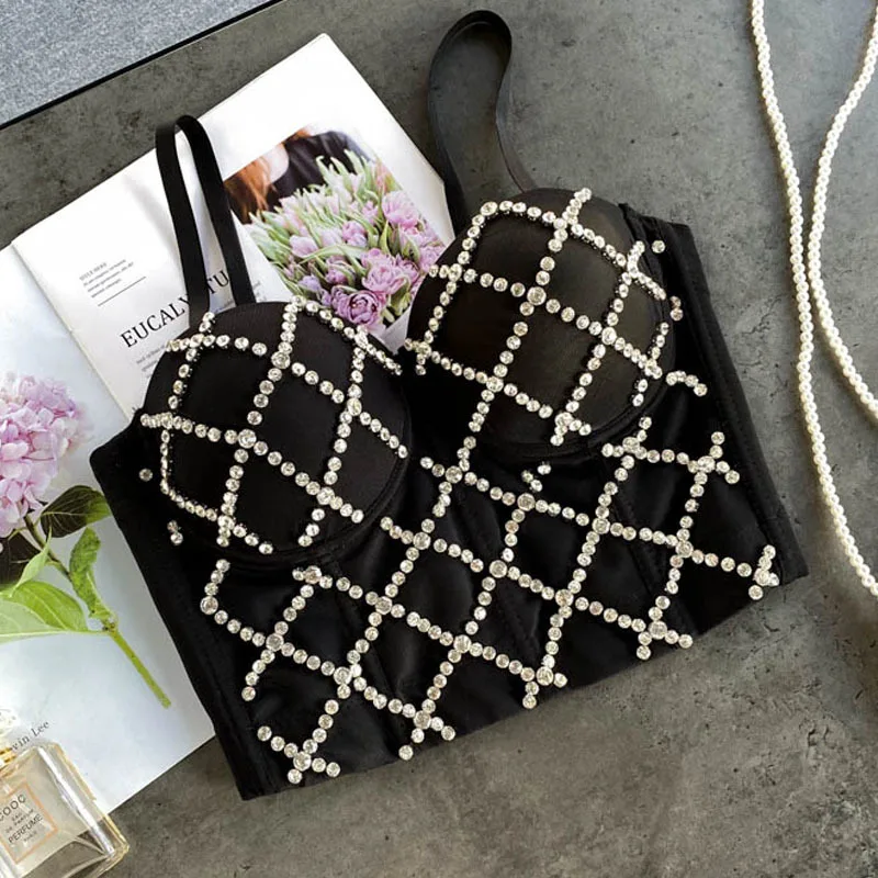 

Новый Модный укороченный Топ Стразы с бриллиантами пуш-ап джинсовый бюстгальтер женский сексуальный блестящий топ для вечерние НКИ Рождес...