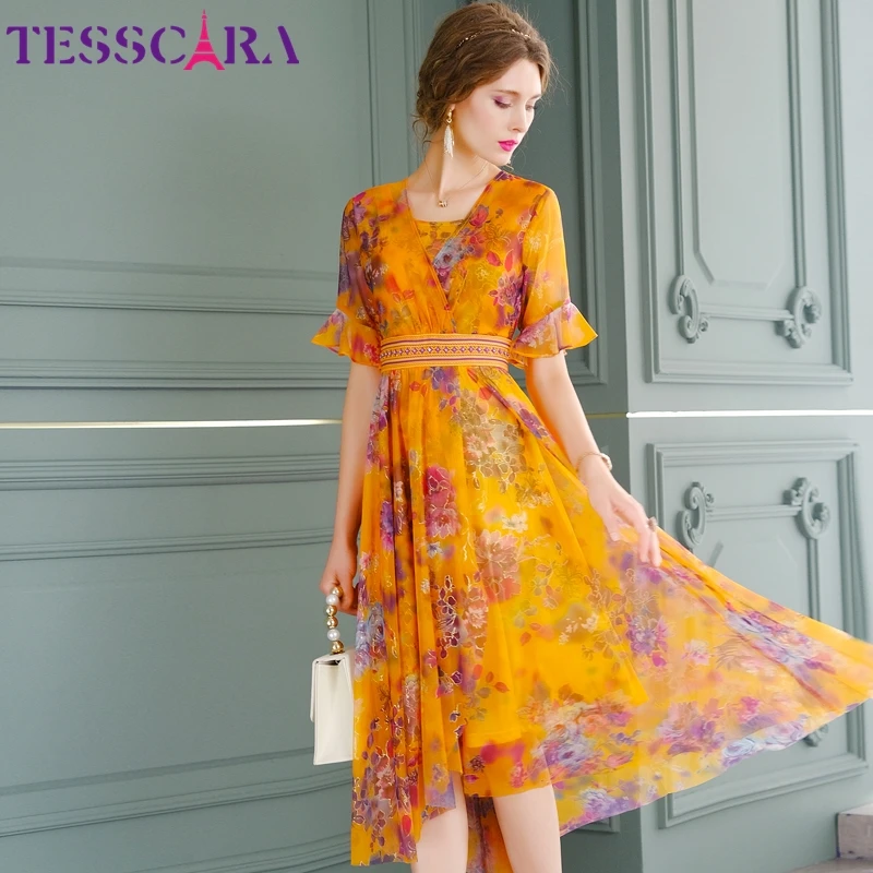 Женское летнее элегантное Сетчатое платье TESSCARA высококачественное вечернее с V