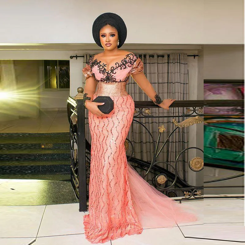 

Aso Ebi pink mermaid see-through beaded neckline prom dress lace applique formal dress banquet party plus size party dress