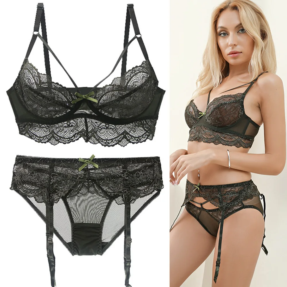 

Sexy Lace 3 Pcs Bras+garters+briefs Underwear Black White Red Purple Green Plus Size Bra Set 32 34 36 38 40 42