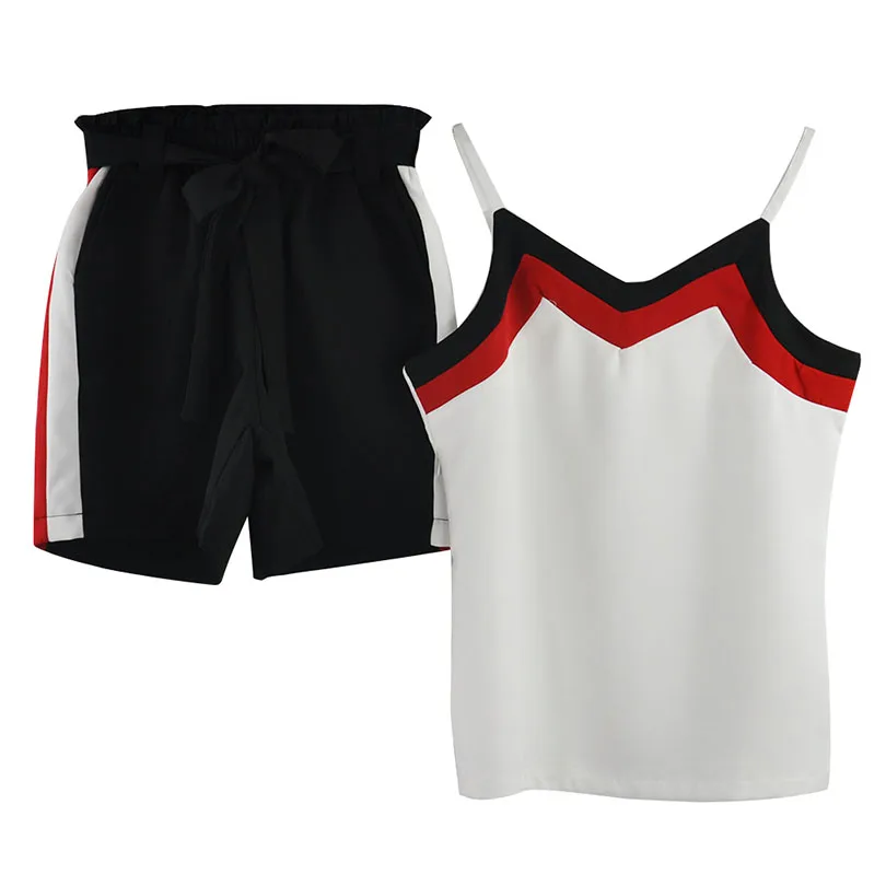 Женский узкий костюм двойка MVGIRLRU в полоску с топом на бретелях и карманами