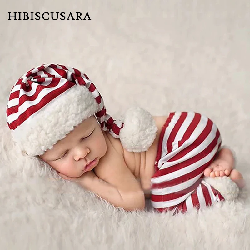 Xmas Baby Photo Clothing White&Red Striped Infant Santa Outfit Fleece Long Tail Hat + Pants Suit Christmas Theme Photo Props