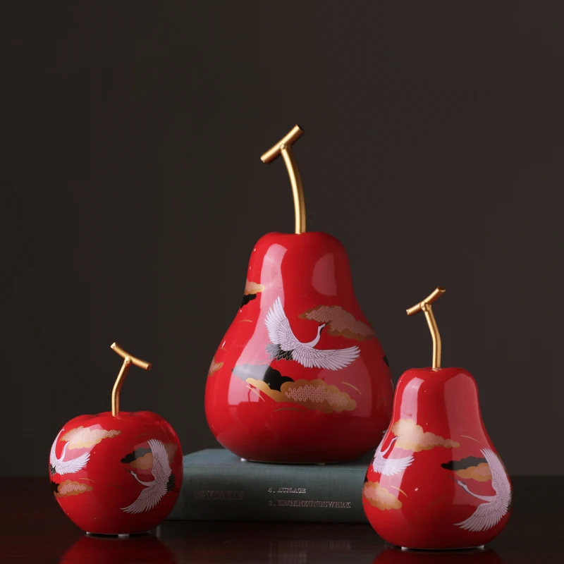 New Chinese Creative Red Apple Pear Figurine Living Room TV Cabinet Xiangyun Crane Feng Shui Ornaments Home Decoration Crafts | Дом и сад