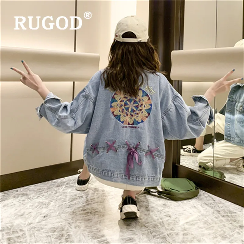 Женская джинсовая куртка с цветочной вышивкой RUGOD большого размера Осень зима