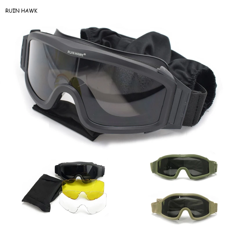 Черные светло зеленые тактические очки военные для стрельбы 3 линзы армейские